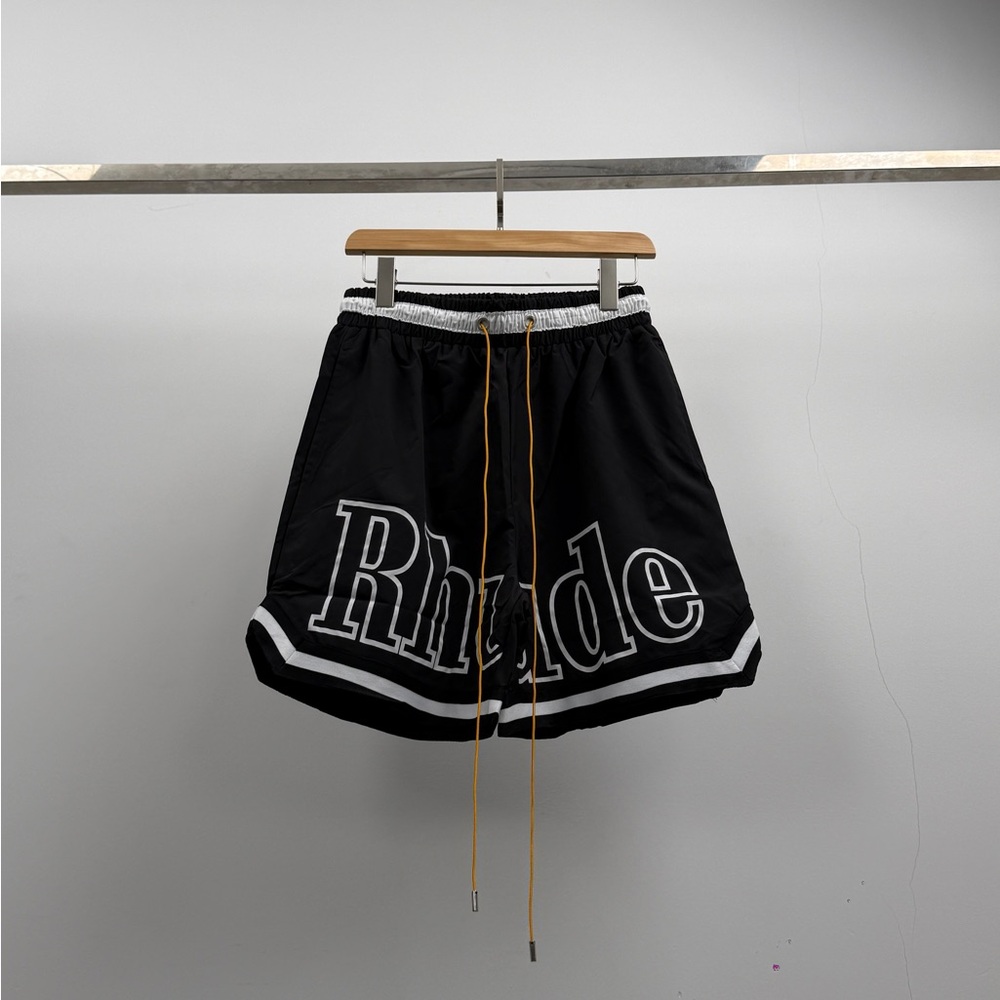 Rhude Black Shorts with White Trim and Yellow Drawstrings